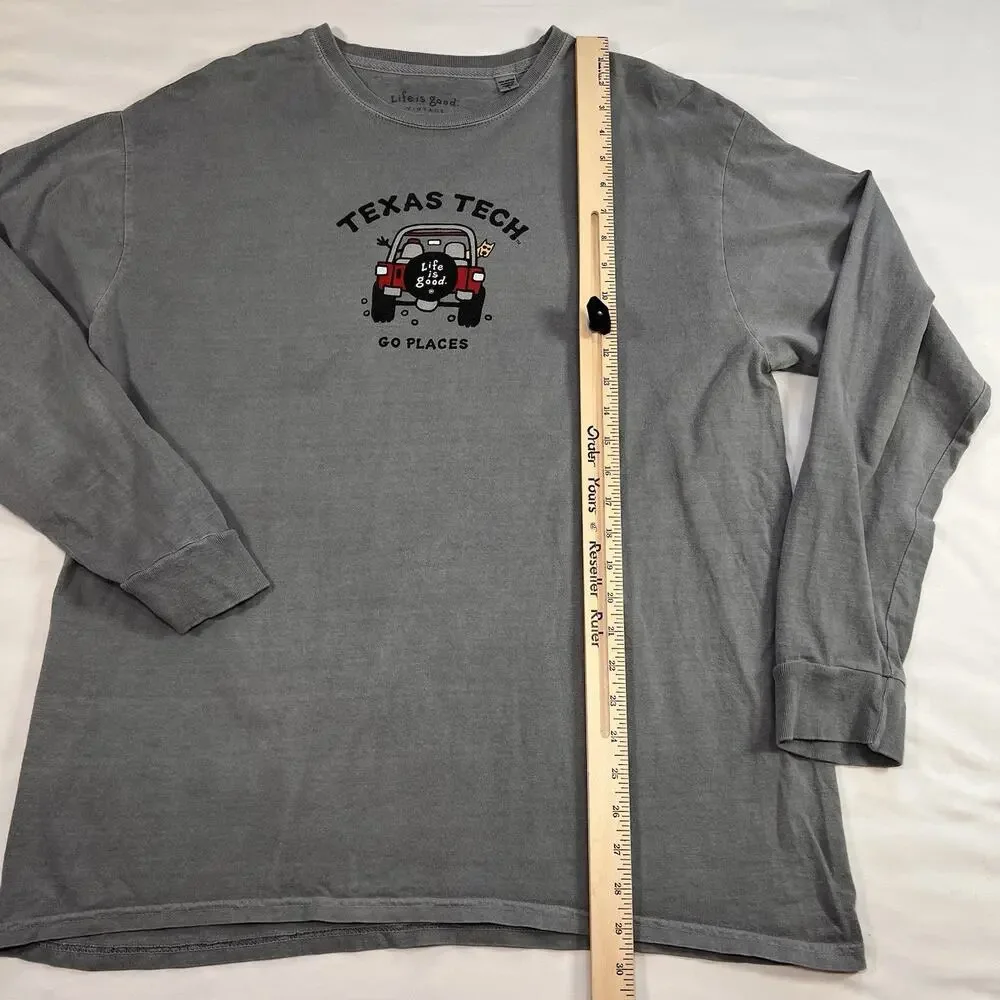 Texas Tech Life Is Good T-shirt Size L Gray Faded Vintage Wash Long Sleeve Tee